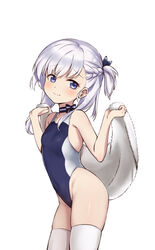  alternate_costume armpits ass azur_lane blue_one-piece_swimsuit braid breasts choker collarbone commentary english_commentary eyes_visible_through_hair female from_side groin head_tilt highleg highres holding holding_towel leaning_forward little_bel_(azur_lane) long_hair looking_at_viewer one-piece_swimsuit one_side_up piano-alice purple_eyes sidelocks simple_background single_braid small_breasts smile solo swimsuit thighhighs towel white_background white_hair white_thighhighs 