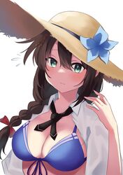  absurdres bikini black_hair black_ribbon blue_bikini blue_eyes blue_flower braid breasts brown_hat collared_shirt dress_shirt female flower flying_sweatdrops front-tie_bikini_top front-tie_top hair_flaps hair_over_shoulder hat hat_flower highres kantai_collection lanthan large_breasts long_hair neck_ribbon ribbon shigure_(kancolle) shigure_kai_san_(kancolle) shigure_kai_san_(swimsuit)_(kancolle) shirt simple_background single_braid solo straw_hat sun_hat swimsuit white_background white_shirt 