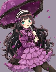  :d animal_crossing aqua_eyes bad_id bad_pixiv_id black_hair black_lips black_pantyhose black_ribbon blunt_bangs bow buttons cross-laced_clothes dress eyelashes female floral_print frills hairband heart holding holding_umbrella humanization juliet_sleeves lipstick lolita_fashion lolita_hairband long_hair long_sleeves makeup muffy_(animal_crossing) neck_ribbon open_mouth over_shoulder pantyhose parasol petals puffy_sleeves purple_bow purple_dress purple_umbrella ribbon rii_(pixiv11152329) rose_print smile solo striped striped_bow umbrella very_long_hair wavy_hair 