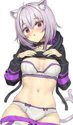  animal_ear_fluff animal_ears athenawyrm blush bow bow_bra bow_panties bra breasts clothes_lift clothes_pull commentary female highres hololive hood hoodie hoodie_lift long_hair looking_at_viewer navel nekomata_okayu nekomata_okayu_(1st_costume) panties pants pants_pull purple_hair shirt_lift solo symbol-only_commentary underwear virtual_youtuber 