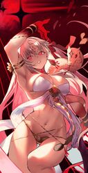  absurdres arm_up armlet armpits bare_shoulders belly_chain body_markings bracelet breasts cleavage colored_skin durga_(fate) earrings facial_mark fate/grand_order fate_(series) female forehead_mark gradient_skin grey_hair hair_ribbon highres hiro_(hirohiro_gorira) jewelry large_breasts long_hair looking_to_the_side navel pelvic_curtain red_eyes red_skin revealing_clothes ribbon sash snake solo thighs very_long_hair 