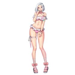  abs ankle_ribbon ass_visible_through_thighs bikini blue_eyes blue_heart blush bracelet braid breasts choker collarbone earrings embarrassed eyewear_hang female frilled_bikini frills full_body game_cg hair_ornament hand_on_own_thigh heart heart-shaped_eyewear heart_earrings heart_hair_ornament highres jewelry last_origin leg_ribbon linea_alba medium_breasts nail_polish navel official_alternate_costume official_art open_mouth paintale pearl_anklet pearl_bracelet pink_bikini pink_nails pink_ribbon red_hood_(last_origin) ribbon sandwiched short_hair simple_background single_braid skindentation solo striped_bikini striped_clothes swimsuit tachi-e thick_thighs thigh_ribbon thigh_strap thighs third-party_source transparent_background unworn_eyewear white_bikini white_choker white_hair white_ribbon 