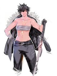  artist_name bare_arms bare_shoulders belt black_belt black_gloves black_jacket breasts cleavage cropped_legs female fur-trimmed_jacket fur_trim gloves hair_between_eyes hand_on_own_hip highres holding holding_sword holding_weapon jacket katana large_breasts navel original parted_lips sarashi simple_background smile solo sword teeth weapon white_background yourfreakyneighbourh 