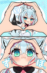  ! ^^^ ahoge animal_ear_fluff animal_ears bangs blush braid commentary_request detached_sleeves eyebrows_visible_through_hair female fingers_together fox_ears fox_girl fox_tail green_eyes hair_between_eyes highres hololive hood hoodie long_hair looking_at_viewer pentagram pov pov_hands sakuramochi_(sakura_frappe) shirakami_fubuki sidelocks single_braid smirk snoot_challenge sparkling_eyes spoken_exclamation_mark tail v-shaped_eyebrows virtual_youtuber white_hair white_hoodie 