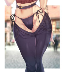  arm_behind_back bikini_jeans blue_panties blue_pants blurry blurry_background chaps denim female fingernails highres hip_focus jeans lower_body lowleg lowleg_pants meme_attire navel original outdoors panties pants red_shirt sharp_fingernails shirt side-tie_panties solo standing thighs underwear wakura_(gcdan) 