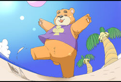  2020 animal_crossing anthro beach bear black_bars black_nose brown_body brown_fur chibi closed_eyes clothing detailed_background fur inunoshippo kemono letterbox male mammal nintendo outside seaside shirt slightly_chubby solo teddy_(animal_crossing) topwear water 