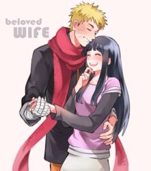  1boy bandaged_hand bandages beige_background black_hair black_jacket blonde_hair blunt_bangs closed_eyes commentary english_text eyelashes facial_mark female fingernails hand_on_another&#039;s_waist hand_to_own_mouth hand_up happy height_difference holding_hands husband_and_wife hyuuga_hinata jacket laughing layered_sleeves light_smile long_hair long_sleeves messy_hair naruto:_the_last naruto_(series) purple_shirt red_scarf round_teeth scarf shirt short_over_long_sleeves short_sleeves sidelocks simple_background spiked_hair straight straight_hair teeth upper_body upper_teeth_only uzumaki_naruto warable 