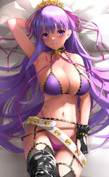  absurdres arm_behind_head arm_up armpits bare_shoulders bb_(fate) bb_(swimsuit_mooncancer)_(fate) bb_(swimsuit_mooncancer)_(second_ascension)_(fate) belt bikini black_garter_belt black_gloves black_thighhighs blush breasts cleavage collarbone dark-skinned_female dark_skin fate/grand_order fate_(series) female fingerless_gloves garter_belt gloves grin hair_ornament hair_ribbon hairband highleg highleg_bikini highres kamehito large_breasts long_hair looking_at_viewer lying navel neck_ribbon on_back purple_bikini purple_eyes purple_hair ribbon smile solo star_(symbol) star_hair_ornament studded_garter_belt swimsuit tan thighhighs thighs very_long_hair white_belt 