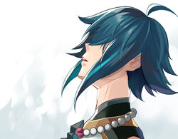  1boy ahoge beads blue_hair from_side genshin_impact hair_over_eyes hiroki_ree jewelry kaneki_profile_picture_(meme) looking_up male_focus meme necklace parody parted_lips pearl_necklace prayer_beads profile short_hair solo xiao_(genshin_impact) 