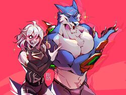  1boy absurdres ahoge akaru_(akarugon) briar_(league_of_legends) closed_eyes colored_sclera colored_skin detached_sleeves female fingernails furry furry_male grey_hair hair_between_eyes highres jujutsu_kaisen league_of_legends long_hair looking_at_viewer multicolored_hair muscular muscular_male no_pupils open_mouth parody pointy_ears red_background scar scar_on_face scene_reference sharp_fingernails sharp_teeth sidelocks simple_background smile sparkle standing streaked_hair teeth two-tone_hair vampire warwick white_eyes wolf 