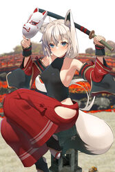  ahoge animal_ear_fluff animal_ears armpits black_shirt blurry blurry_background blush braid breasts commentary_request detached_sleeves earrings female fox_ears fox_girl fox_tail green_eyes hair_between_eyes halter_shirt halterneck highres holding holding_mask holding_sword holding_weapon hololive jewelry katana long_hair looking_at_viewer mask shirai_yu shirakami_fubuki shirt sidelocks single_braid small_breasts solo sword tail virtual_youtuber weapon white_hair 