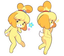  absurdres animal_crossing animal_nose body_fur completely_nude digitigrade female furry highres isabelle_(animal_crossing) multiple_views nude pawpads simple_background starbirbz white_background white_fur yellow_fur 