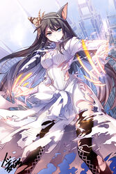  :/ animal_ears artist_name black_hair black_thighhighs bloodline blue_eyes bow breasts claw_pose cleavage closed_mouth dress dress_bow ear_covers feet_out_of_frame female fighting_stance frilled_thighhighs frills gradient_background highres iotower lace-up_thighhighs large_bow large_breasts long_dress long_hair long_sleeves looking_at_viewer magic mysterious_zan official_art signature single_ear_cover solo striped_clothes striped_dress thighhighs torn_bow torn_clothes torn_dress torn_thighhighs v-shaped_eyebrows vertical-striped_clothes vertical-striped_dress very_long_hair white_bow white_dress wolf_ears wolf_girl 