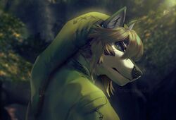  anthro anthrofied blonde_hair blue_eyes bust_portrait canid canine canis clothed clothing detailed forest green_clothing hair hat headgear headwear looking_at_viewer male mammal momobeda nintendo plant portrait shirt solo the_legend_of_zelda topwear tree tunic wolf wolf_link 