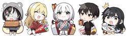  1boy 4girls :3 ^^^ absurdres animal_hood black_hair black_shirt blonde_hair blush_stickers box charlotte_arisaka_anderson chibi closed_mouth cookie cup cutting_board eyepatch flying_sweatdrops food gift gift_box hands_on_own_hips highres hood hoodie kimitsuka_kimihiko long_hair multicolored_hair multiple_girls natsunagi_nagisa official_art one_side_up open_mouth party_popper pie saikawa_yui saucer second-party_source shirt shorts siesta_(tantei_wa_mou_shindeiru) smile smug socks tantei_wa_mou_shindeiru teacup tripping umibouzu_(niito) 