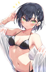  absurdres arm_up bare_shoulders bikini black_bikini black_hair blush bracelet breasts closed_mouth collarbone commentary_request female green_eyes hair_ornament hairclip hand_in_own_hair highres jewelry junior_(toshizou) navel notice_lines open_clothes original see-through short_hair small_breasts solo stomach swimsuit toshizou_(0714) upper_body x_hair_ornament 