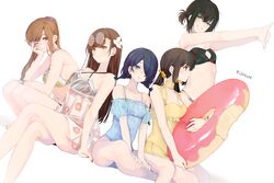  5girls 8root5 asymmetrical_hair black_hair blue_hair bracelet braid breasts brown_hair crossed_legs doughnut doughnut_innertube earrings enogu flexing floral_print flower food glasses green_eyes green_hair hair_flower hair_ornament hair_over_one_eye highres hinata_nao_(iwamotochou_geinousha) innertube iwamotochou_geinousha jewelry kurihara_sakurako long_hair multicolored_hair multiple_girls nail_polish natsume_haru pineapple_print ponytail see-through shirafuji_tamaki sitting small_breasts squatting stretching sun suzuki_anzu swim_ring swimsuit twin_braids twintails virtual_youtuber wrist_cuffs yellow_eyes 