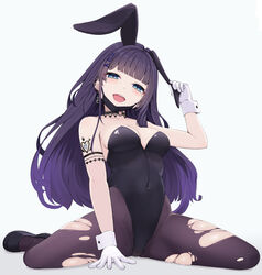  :d absurdres aiba_uiha animal_ears arm_up bare_shoulders black_leotard black_pantyhose blue_background blue_eyes blush breasts collarbone covered_navel crescent crescent_earrings ear_piercing earrings fake_animal_ears female gloves gradient_background grey_background groin hair_ornament hairclip half-closed_eyes hand_on_own_ear highres jewelry leotard long_hair looking_at_viewer mask medium_breasts mouth_mask nijisanji pantyhose piercing playboy_bunny pulling_own_ear purple_hair rabbit_ears sitting smile solo strapless strapless_leotard temari_rin torn_clothes torn_pantyhose very_long_hair virtual_youtuber wariza white_gloves 