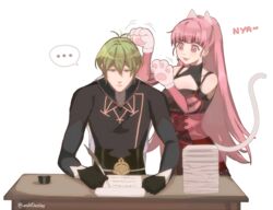  1boy :3 :d adapted_costume animal_ears animal_hands antenna_hair bare_shoulders black_gloves black_shirt breasts byleth_(fire_emblem) byleth_(male)_(fire_emblem) cat_ears cat_tail cleavage commentary commission detached_sleeves english_commentary fake_animal_ears feathers female fire_emblem fire_emblem:_three_houses gloves green_hair highres hilda_valentine_goneril holding holding_feather juliet_sleeves long_hair long_sleeves medium_breasts open_mouth paper paper_stack paw_gloves pink_eyes pink_hair pomme_(lazzledazzle) ponytail puffy_sleeves second-party_source shirt short_hair simple_background smile tail very_long_hair white_background 