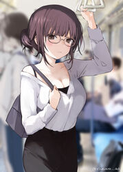  absurdres bag black_bag black_pants black_shirt blunt_bangs blurry blurry_background blush breasts brown_eyes cleavage cowboy_shot female glass glasses hair_bun hand_grip hand_up handbag highres holding_hand_grip large_breasts long_sleeves looking_at_viewer mole mole_on_breast original pants purple_hair shirt short_hair sweater train_interior twitter_username v-neck white_sweater yukari_(rihenara_doll) 