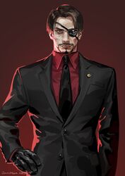  1boy 2018 black_gloves black_hair black_necktie black_suit eyepatch facial_hair formal gloves highres jane_mere looking_at_viewer majima_goro male_focus manly necktie red_eyes red_shirt ryuu_ga_gotoku_(series) ryuu_ga_gotoku_5 shirt short_hair simple_background suit 