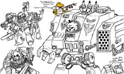  5:3 adeptus_astartes anthro armor astartes avian bear bird black_and_white black_eyes bodily_fluids bolter bone bonnie_(fnaf) chainsword chica_(fnaf) chicken clothing cosplay crossover crossover_cosplay dialogue digital_media_(artwork) dreadnought english_text female five_nights_at_freddy&#039;s flamethrower food freddy_(fnaf) futuristic futuristic_armor galliform gallus_(genus) grin group hat headgear headwear holding_melee_weapon holding_object holding_sword holding_weapon humanoid lagomorph leporid line_art machine male mammal melee_weapon monochrome nervous ork phasianid pipe pizza power_armor rabbit ranged_weapon robot scottgames serious simple_background skull smile space_marine sweat sword tall text unknown_artist warhammer_(franchise) warhammer_40000 weapon white_background white_eyes 