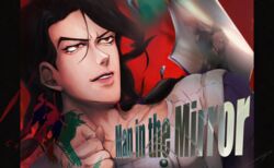  4boys absurdres black_hair broken_glass character_name giorno_giovanna glass glass_shards highres illuso inverted_colors jojo_no_kimyou_na_bouken leone_abbacchio male_focus multiple_boys padded_vest pannacotta_fugo red_eyes reflection sano_(hospital_0434) solo_focus vento_aureo 