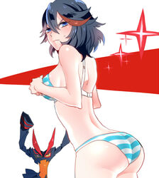  1girls ass black_hair blue_eyes blue_striped_panties bra canon_panties female female_only kill_la_kill matoi_ryuuko nonude panties shimapan solo solo_female striped_panties two_tone_hair 