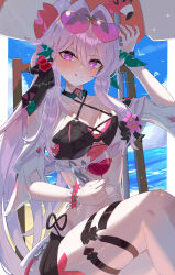  absurdres bikini black_bikini breasts chair commentary_request cup drinking_glass eight_(eight3rd1) eyewear_on_head female hair_intakes heart heart-shaped_eyewear highres holding holding_cup honkai_(series) honkai_impact_3rd large_breasts licking_lips long_hair looking_at_viewer official_alternate_costume on_chair purple_eyes sitting solo swimsuit thelema_nutriscu thelema_nutriscu_(roseate_summer) thighs tongue tongue_out very_long_hair white_hair wine_glass 
