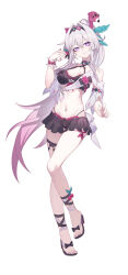  absurdres bare_shoulders bikini bikini_skirt black_bikini black_hairband black_skirt breasts bright_pupils closed_mouth commentary female fingernails full_body gradient_hair hair_between_eyes hair_intakes hair_ornament hairband hand_up highres honkai_(series) honkai_impact_3rd kather linea_alba long_hair looking_at_viewer medium_breasts multicolored_hair navel official_alternate_costume pink_hair ponytail purple_eyes sandals simple_background skirt smile solo stomach swimsuit thelema_nutriscu thelema_nutriscu_(roseate_summer) thighs very_long_hair white_background white_hair white_pupils 