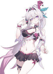  bare_shoulders bikini bikini_skirt black_bikini black_hairband black_skirt breasts bright_pupils closed_mouth commentary cowboy_shot female fingernails gradient_hair hair_between_eyes hair_intakes hair_ornament hairband hand_up highres honkai_(series) honkai_impact_3rd kather linea_alba long_hair looking_at_viewer medium_breasts multicolored_hair navel official_alternate_costume pink_hair ponytail purple_eyes simple_background skirt smile solo stomach swimsuit thelema_nutriscu thelema_nutriscu_(roseate_summer) thighs very_long_hair white_background white_hair white_pupils 
