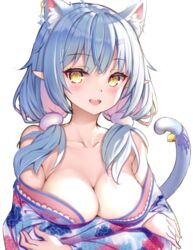  :d ahoge animal_ear_fluff animal_ears arms_under_breasts bell blue_hair blue_tail blush breasts cat_ears cat_tail cleavage collarbone crossed_arms drop_shadow earrings female floral_print hair_ornament hairpin highres hololive japanese_clothes jewelry jingle_bell kemonomimi_mode kimono kurachairasuto large_breasts long_hair looking_at_viewer low_twintails multicolored_hair off_shoulder official_alternate_hairstyle open_mouth pointy_ears simple_background single_earring smile solo streaked_hair tail twintails upper_body virtual_youtuber wall white_background yellow_eyes yukihana_lamy yukihana_lamy_(new_year) 