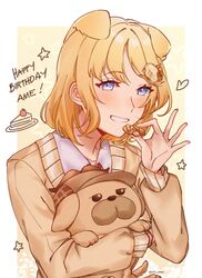  alternate_costume animal animal_ears black_eyes blonde_hair blue_eyes blush bob_cut bubba_(watson_amelia) cake canine cardigan cookie deerstalker dog_ears female food hair_behind_ear hair_ornament happy_birthday hat highres holding holding_animal holding_cookie holding_dog holding_food hololive hololive_english kemonomimi_mode looking_at_viewer looking_up medium_hair smile solo virtual_youtuber watson_amelia yukari_(bryleluansing) 