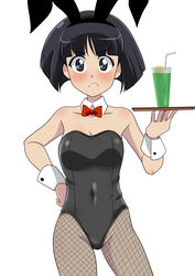  absurdres animal_ears bare_shoulders black_eyes black_hair black_leotard black_pantyhose blunt_bangs blush bob_cut bow bowtie breasts cleavage collarbone covered_navel cup detached_collar drink drinking_glass drinking_straw fake_animal_ears female fishnet_pantyhose fishnets frown girls_und_panzer groin hand_on_own_hip highres holding holding_tray leotard looking_at_viewer pantyhose playboy_bunny red_bow red_bowtie solo sono_midoriko strapless strapless_leotard thighs tray wakku_kan white_background wrist_cuffs 