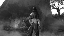  1other ambiguous_gender artist_name bloodborne capelet door dress feet_out_of_frame female from_behind gloves greyscale hood hood_up hunter&#039;s_dream_(bloodborne) hunter_(bloodborne) l_aciel lamp long_sleeves monochrome outdoors pants plain_doll sitting stairs standing 