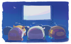  animal_focus choco_(pui_pui_molcar) commentary crescent_moon drive-in excited from_behind guinea_pig molcar moon motimamire night no_humans potato_(pui_pui_molcar) projector_screen pui_pui_molcar shiromo_(pui_pui_molcar) sleeping sparkle zzz 