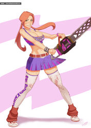  1girls beltskirt blood breasts chainsaw cheerleader cheerleader_uniform cleavage cosplay female female_only freckles ginger green_eyes hair human juliet_starling juliet_starling_(cosplay) large_breasts light_skin lollipop_chainsaw long_hair naughty_face navel orange_hair preppy red_hair sillygirl sillygirl_(character) sinner sinner_comics skirt slim smile solo striped_skirt tank_top teenager thighhighs tied_hair twintails weapon 