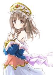  atelier_(series) atelier_totori bare_shoulders brown_hair closed_mouth detached_sleeves dress female grey_eyes hat highres hisin long_hair looking_at_viewer simple_background smile solo totooria_helmold white_background 