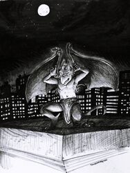  2022 3:4 anthro athletic bat_wings belt bottomwear brooklyn_(gargoyles) building clothed clothing detailed_background disney gargoyle gargoyles hi_res horn inktober male membrane_(anatomy) membranous_wings monochrome moon night no_pupils open_wings raised_arm raised_hand raised_leg rooftop scalie signature solo tangerin4yon topless traditional_media_(artwork) wings 