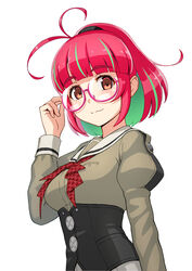  blouse bow bowtie breasts corset cowboy_shot female glasses green_hair green_shirt grey_sailor_collar grey_skirt highres juliet_sleeves kantai_collection long_sleeves medium_breasts multicolored_hair pink-framed_eyewear pink_hair pleated_skirt ponytail porupurucha puffy_sleeves red_bow red_eyes sailor_collar sailor_shirt shirt short_hair simple_background skirt solo streaked_hair ume_(kancolle) white_background 