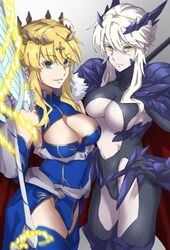  2girls ahoge aqua_eyes artoria_pendragon_(fate) artoria_pendragon_(lancer)_(fate) artoria_pendragon_(lancer_alter)_(fate) blonde_hair blue_leotard blue_thighhighs braid breasts cleavage cleavage_cutout closed_mouth clothing_cutout colored_eyelashes colored_skin crown dark_rhongomyniad fate/grand_order fate_(series) fur_collar gauntlets hair_between_eyes hair_bun hand_on_own_hip highleg highleg_leotard highres holding holding_polearm holding_weapon large_breasts leotard long_hair multiple_girls navel orange_eyes polearm pretty-purin720 rhongomyniad_(fate) single_hair_bun sleeveless sleeveless_turtleneck sleeveless_turtleneck_leotard smile spear thighhighs turtleneck turtleneck_leotard underboob weapon white_hair white_skin 