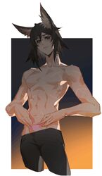  1boy abs animal_ears arknights bishounen brown_eyes brown_hair courier_(arknights) cowboy_shot deer_boy deer_ears heart heart-shaped_pupils long_hair lwouyr male_focus pubic_tattoo scar solo symbol-shaped_pupils tattoo toned toned_male topless_male 