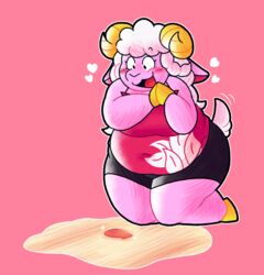  absurd_res anthro beach belly big_belly blush bottomwear bovid bozosart breasts calla_(doodlesack12) caprine clothing female fingers full-length_portrait fur hair hands_together heart_symbol hi_res hooved_fingers hooves horn kneeling kneeling_on_ground long_hair looking_down mammal pink_body portrait pupil red_clothing sand seashell seaside sheep shell shirt shorts slightly_chubby slightly_chubby_anthro slightly_chubby_female smile solo tail tail_motion tailwag tank_top thick_thighs topwear trans_(lore) trans_woman_(lore) wide_hips wool_(fur) wool_hair 