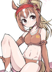  absurdres animal_ears blush breasts brown_eyes brown_gloves brown_hair brown_sports_bra chestnut_thoroughbred_(kemono_friends) closed_mouth collarbone elbow_gloves expressionless female gloves highres horse_ears horse_girl horse_tail kanmoku-san kemono_friends knee_up large_breasts long_hair looking_at_viewer multicolored_hair navel ponytail sitting socks solo sports_bra tail two-tone_hair white_hair 