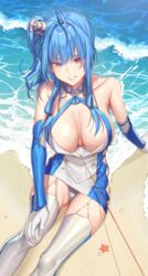  ahoge argyle_cutout azur_lane bad_id bad_pixiv_id bare_shoulders beach blue_hair breasts buttons cleavage clothing_cutout collarbone day dore_(gilles_dore) double-breasted dress elbow_gloves female garter_straps gloves grin hair_between_eyes highres hook large_breasts looking_at_viewer ocean panties purple_eyes sand side_ponytail sidelocks sitting smile solo st._louis_(azur_lane) starfish striped_clothes striped_panties taut_clothes taut_dress thighhighs thighs two-tone_dress underwear water waves white_gloves white_thighhighs 