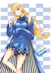  absurdres bag blonde_hair blue_background blue_dress blue_eyes checkered_background chinese_commentary chiyuki_fujito commentary_request detached_sleeves dress female handbag highres holding holding_removed_eyewear long_hair looking_at_viewer mixed-language_commentary runway_de_waratte simple_background sleeves_past_wrists smile solo standing striped unworn_eyewear vertical_stripes wingforpx 