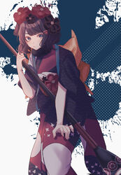  bad_id bad_pixiv_id blue_background blunt_bangs bono_(bonota_) commentary_request fate/grand_order fate_(series) female flower giant_brush hair_flower hair_ornament hairpin highres holding holding_paintbrush japanese_clothes katsushika_hokusai_(fate) kimono obi paint_splatter paintbrush purple_eyes purple_hair sash short_hair solo two-tone_background white_background 