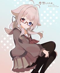  animal_ears blue_eyes commentary_request commission female glasses highres original pantyhose red_eyes school_uniform shake_(noripasuta) skeb_commission solo sweater translated twintails white_hair yukino_ko_(yukino_shiratama) 