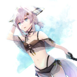  ahoge animal_ear_fluff animal_ears arknights arm_behind_head arm_up bare_shoulders bikini black_bikini blue_eyes collarbone e-bushi female fox_ears fox_girl fox_tail hair_between_eyes hair_ornament hairclip highres holding looking_away low_twintails purple_hair see-through short_twintails sidelocks solo sussurro_(arknights) sussurro_(summer_flower)_(arknights) swimsuit tail twintails x_hair_ornament 