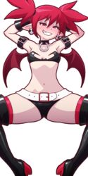  armband arms_behind_head belt black_collar boots bowlegged_pose breasts collar commentary demon_girl demon_wings disgaea earrings english_commentary etna_(disgaea) female grin hair_between_eyes high_heel_boots high_heels jewelry makai_senki_disgaea micro_shorts midriff mike_inel navel pale_skin pointy_ears red_eyes red_hair shorts skull_earrings small_breasts smile solo spread_legs thigh_boots thighhighs transparent_background twintails wings 